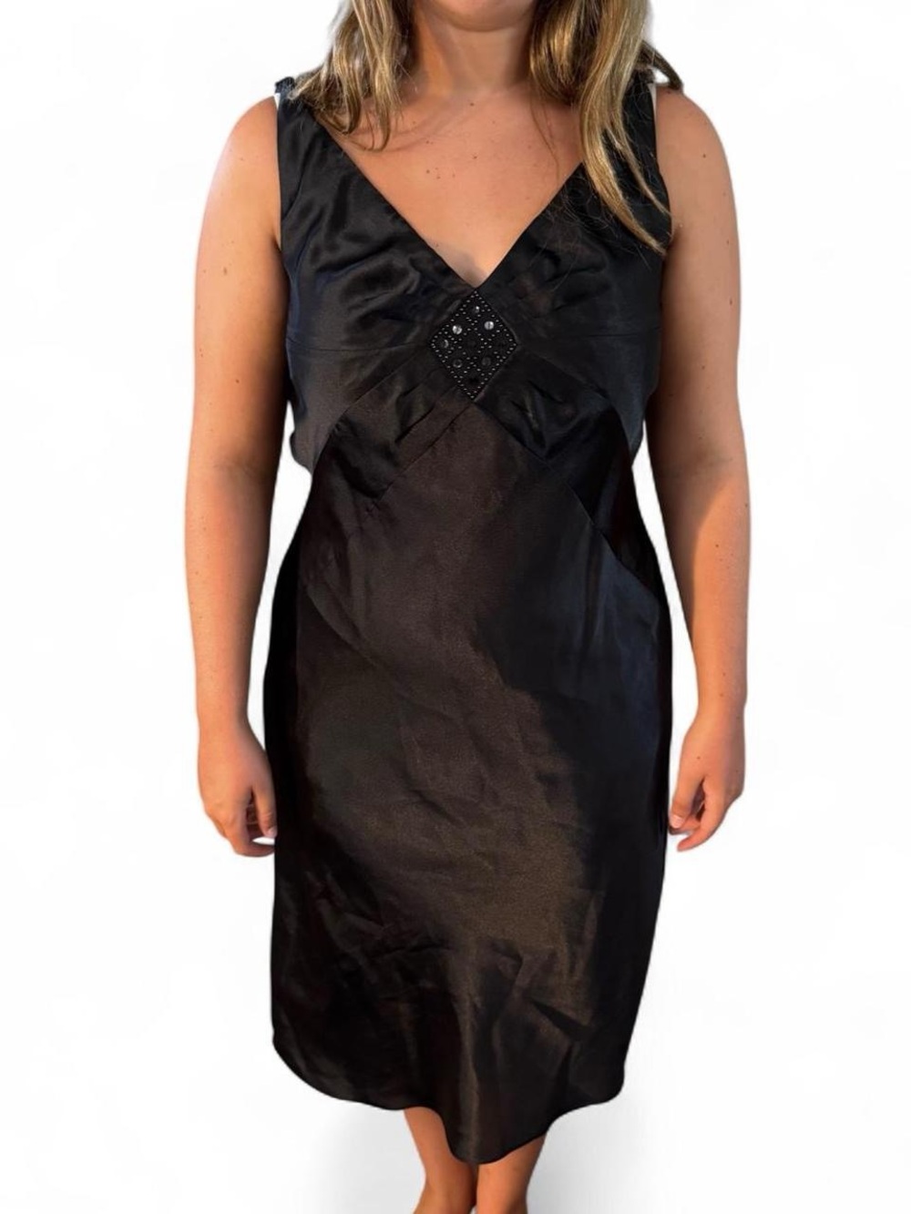 Black Satin Beaded Midi Slip Dress Size 10 Autumn Wedding Guest Cocktail Dress